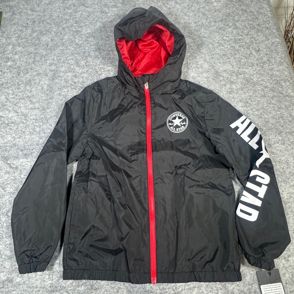 Converse All Star Boys Black Red Hooded Windbreaker Jacket Size M 10-12